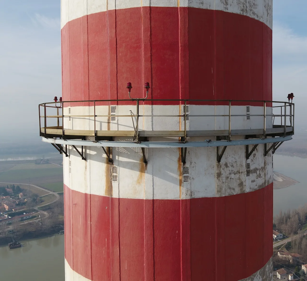 Tall historic structure inspected by drone