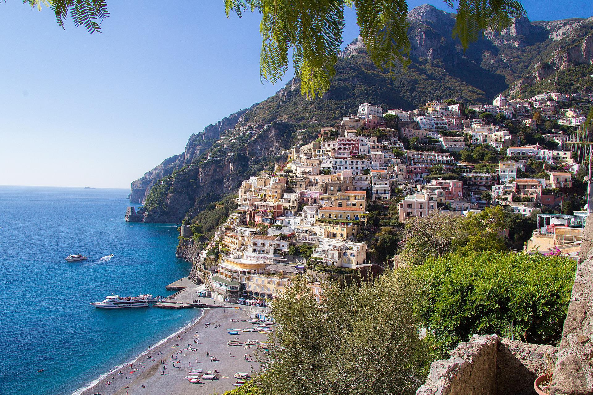 Colourful village on the Amalfi Coast above a beach