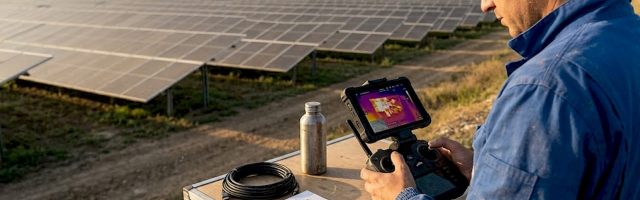 Tecnico controlla un drone termico su un impianto fotovoltaico