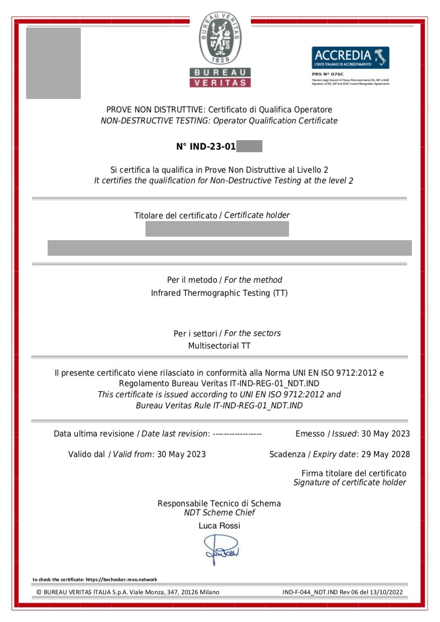 Certificato di qualifica di operatore termografico di 2° livello (UNI EN ISO 9712)