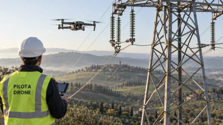 Drone professionale ispeziona un traliccio di una linea elettrica, pilota con gilet PILOTA DRONE