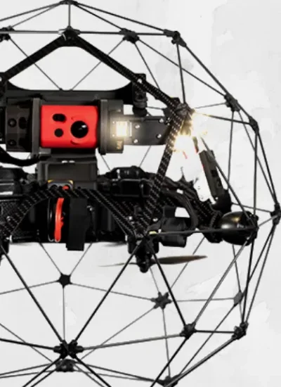 Flyability Elios 2, drone della flotta Overfly.me con gabbia protettiva per ispezioni al chiuso