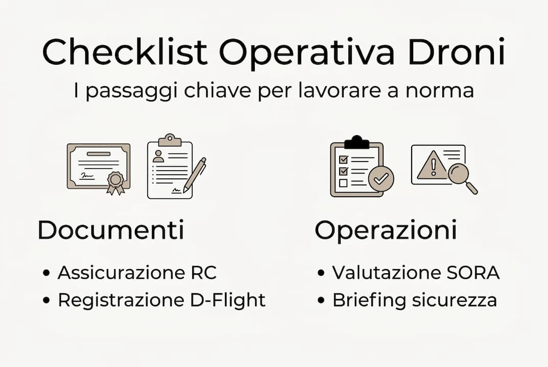 Infografica con elenco di controllo per operazioni con droni secondo le normative vigenti