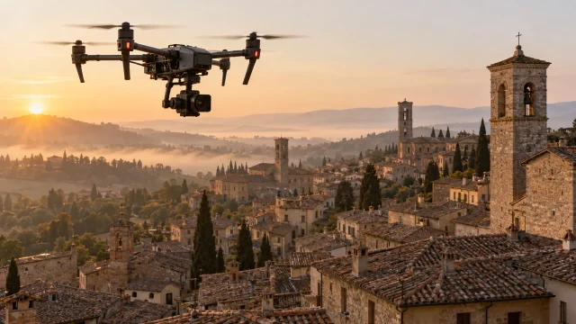 Drone per riprese aeree sopra i tetti di un borgo storico all’alba
