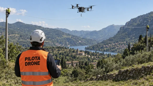 Drone che stende la fune pilota tra due pali per la posa della fibra ottica