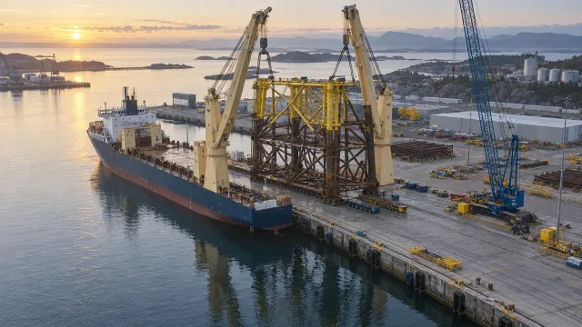 Nave heavy-lift in porto ripresa dal drone durante il carico