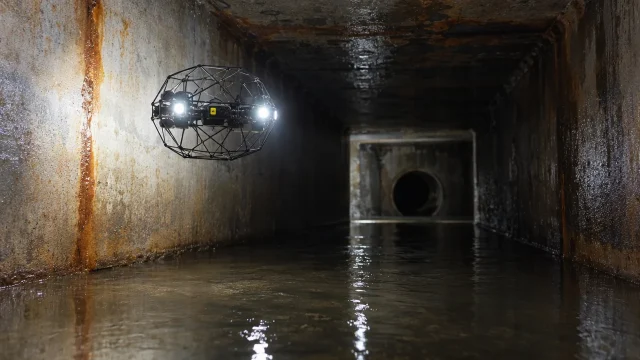 Drone con luci che ispeziona un cunicolo allagato