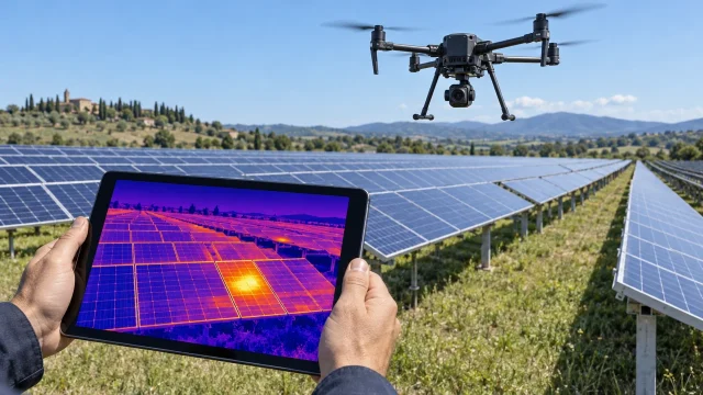 Drone con termocamera sopra un impianto fotovoltaico