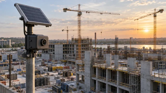 Fotocamera timelapse con pannello solare che riprende un cantiere