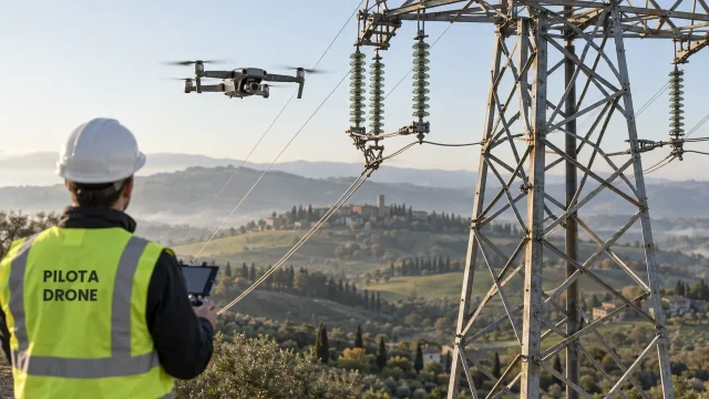 Pilota di drone ispeziona un traliccio dell’alta tensione