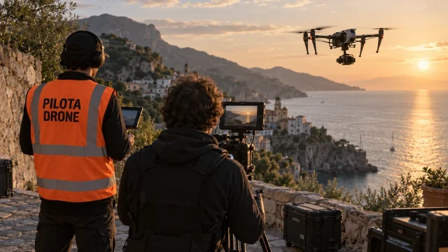 Pilota di drone e operatore di ripresa al lavoro sulla costa