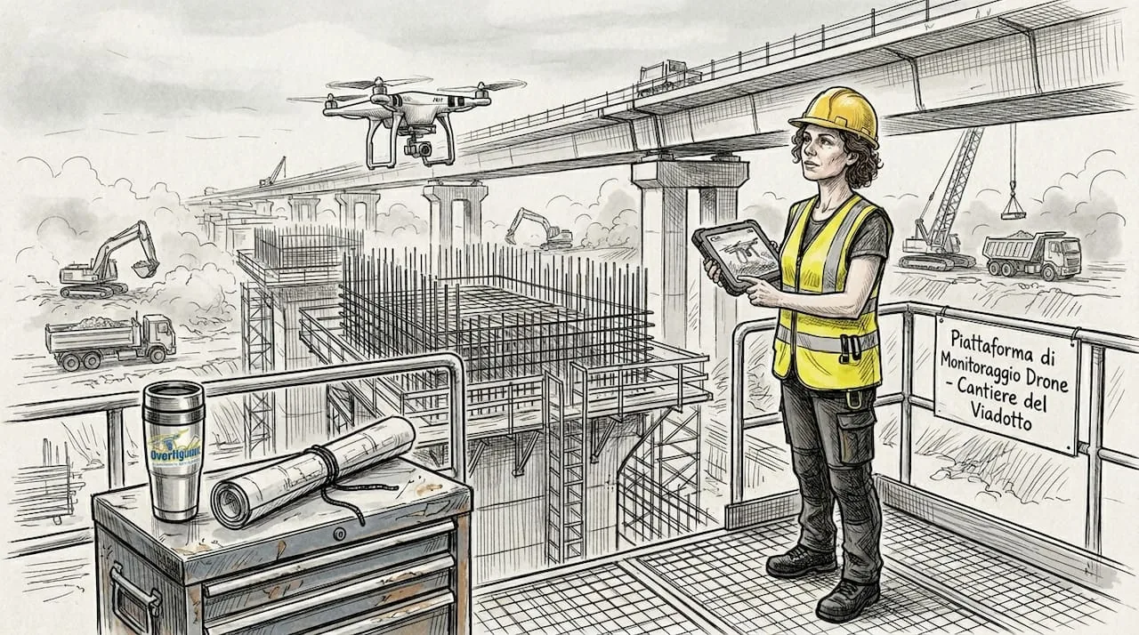 Un esperto supervisiona il volo di un drone sul cantiere di un'opera infrastrutturale.