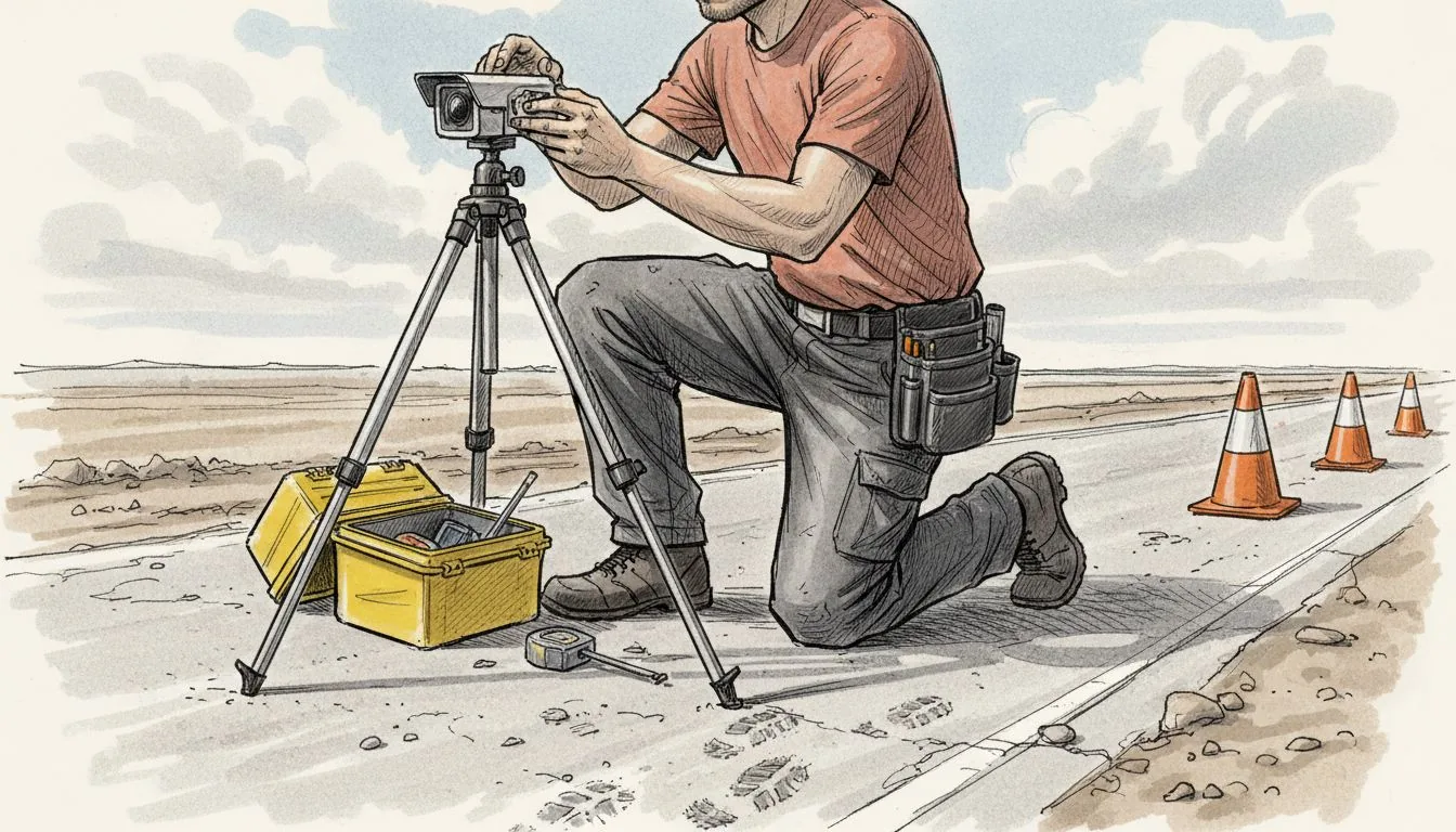 Un tecnico sistema la telecamera sul cantiere stradale.